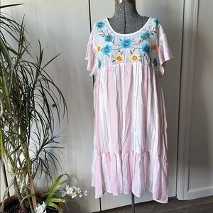 Anthropologie Pink and White Striped Midi Dress with Floral Embroidery